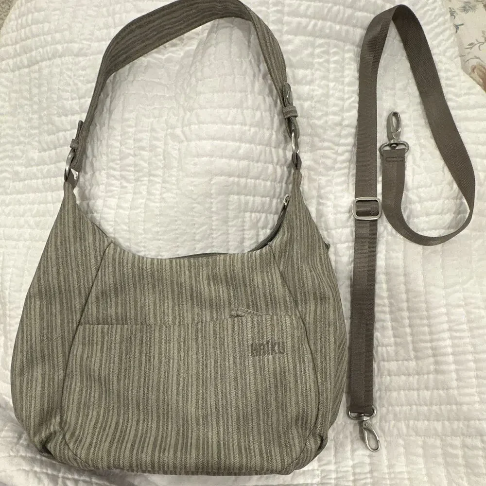 Haiku Gray Striped Shoulder Bag Adjustable Detachable Strap Pockets Zip